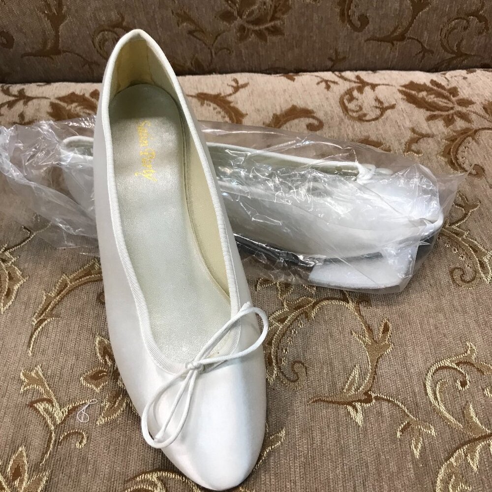 Dye-Able White Satin Ballet Flats, w/ Bow Formal Elegant Wedding Comfortable
